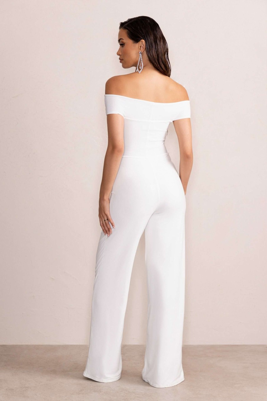 Clothing * | Say Less | White Bardot Front Wrap Wide Leg Jumpsuit Club L London Attractive