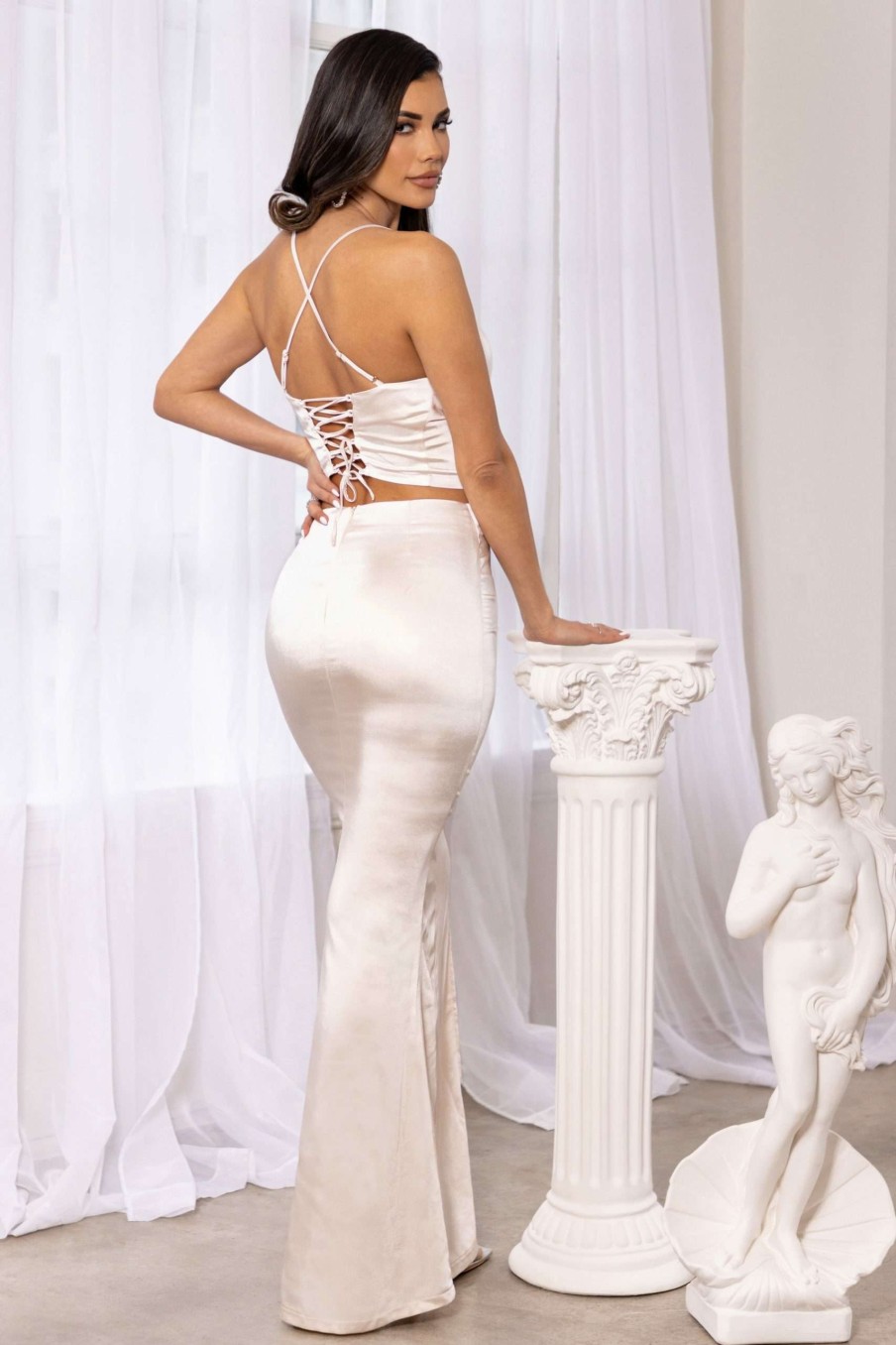 Clothing * | Perfect Fit | Cream Satin Lace Up Split Leg Maxi Skirt Club L London Top Sell