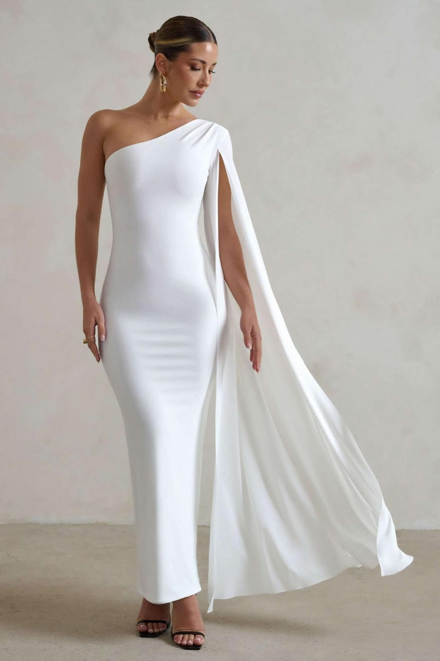 Dresses * | Dominique | White One Shoulder Cape Sleeve Bodycon Maxi Dress Club L London Gift Selection