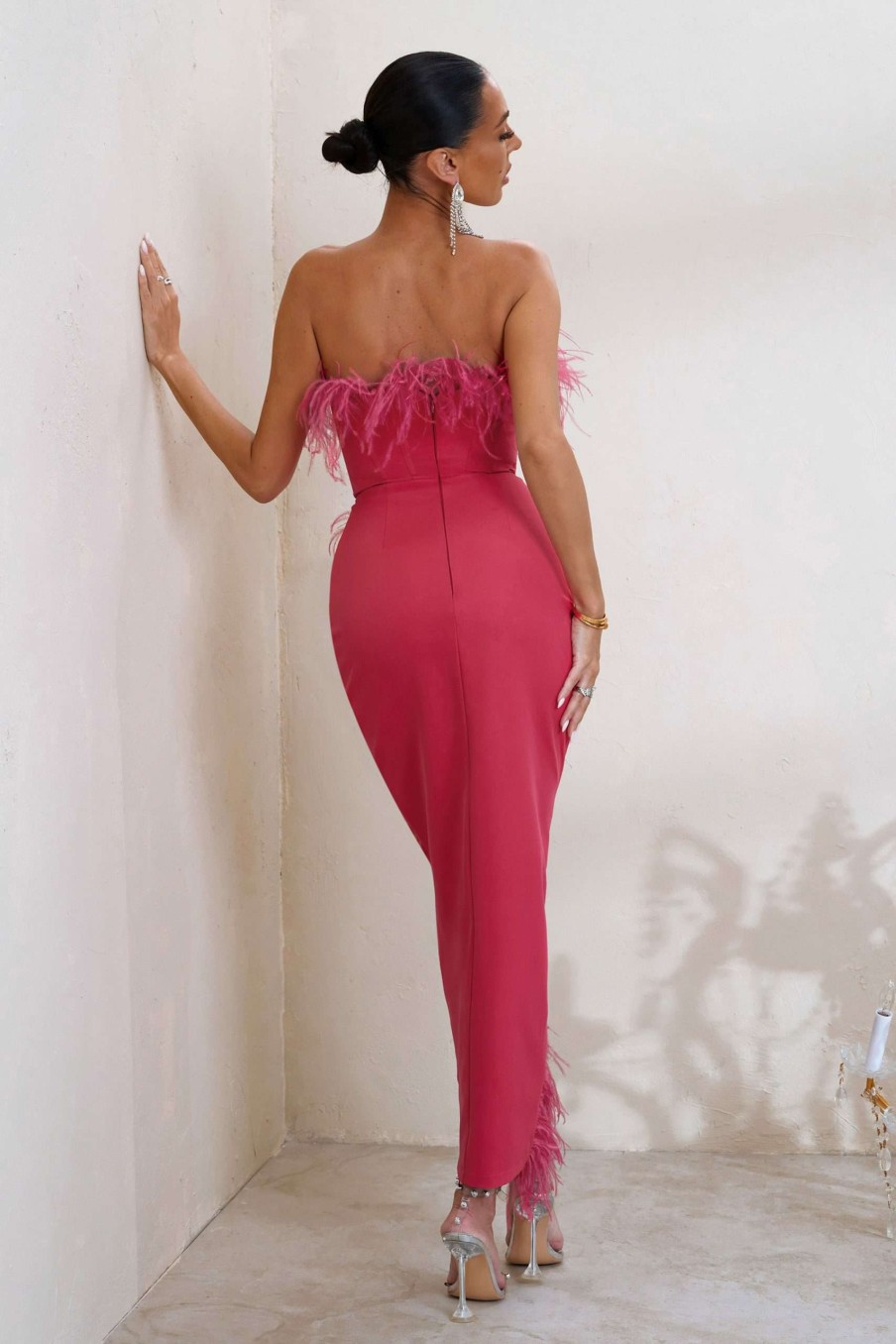 Dresses * | Cosmo | Hot Pink Bandeau Corset Midi Dress With Feather Trim Club L London Flash Sale