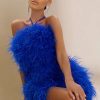 Dresses * | Power Up | Cobalt Blue Feather Halter Neck Mini Dress Club L London Discount