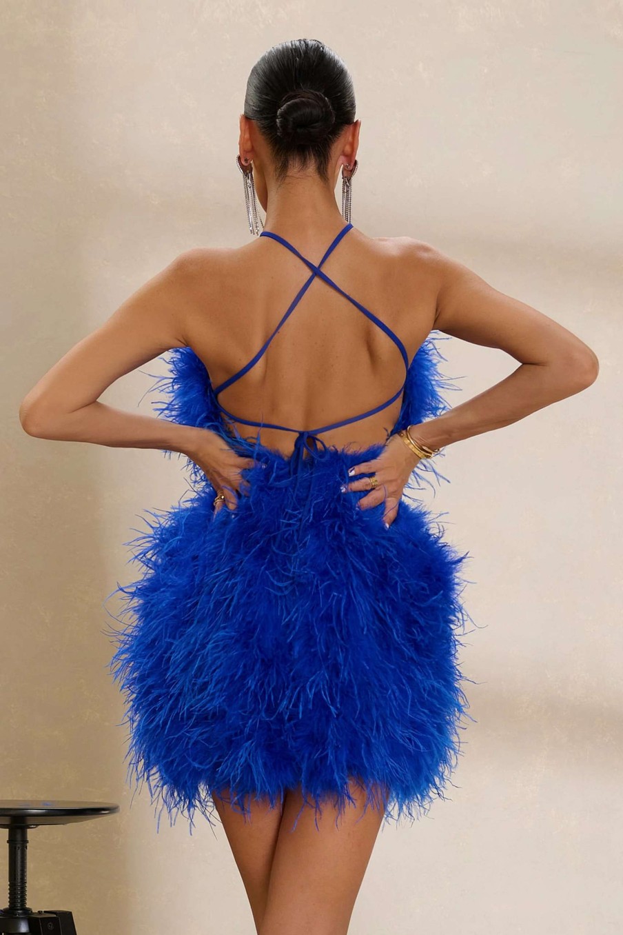 Dresses * | Power Up | Cobalt Blue Feather Halter Neck Mini Dress Club L London Discount