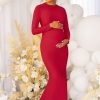 Maternity * | Adoring | Red Maternity Long Sleeve Backless Maxi Dress Club L London Shop