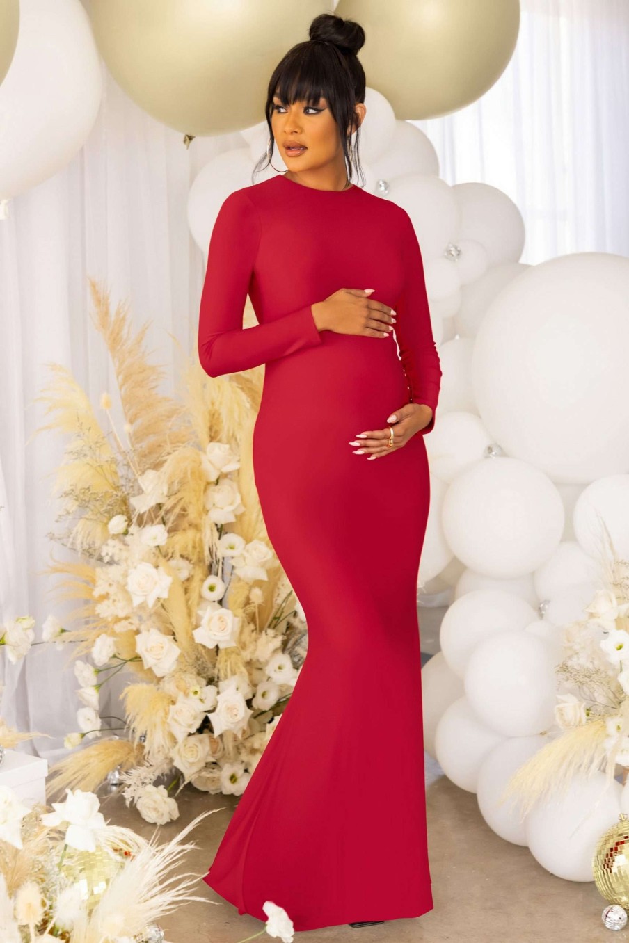 Maternity * | Adoring | Red Maternity Long Sleeve Backless Maxi Dress Club L London Shop