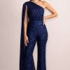 Clothing * | Colette | Navy Sequin One Shoulder Cape Sleeve Jumpsuit Club L London Exclusive Design