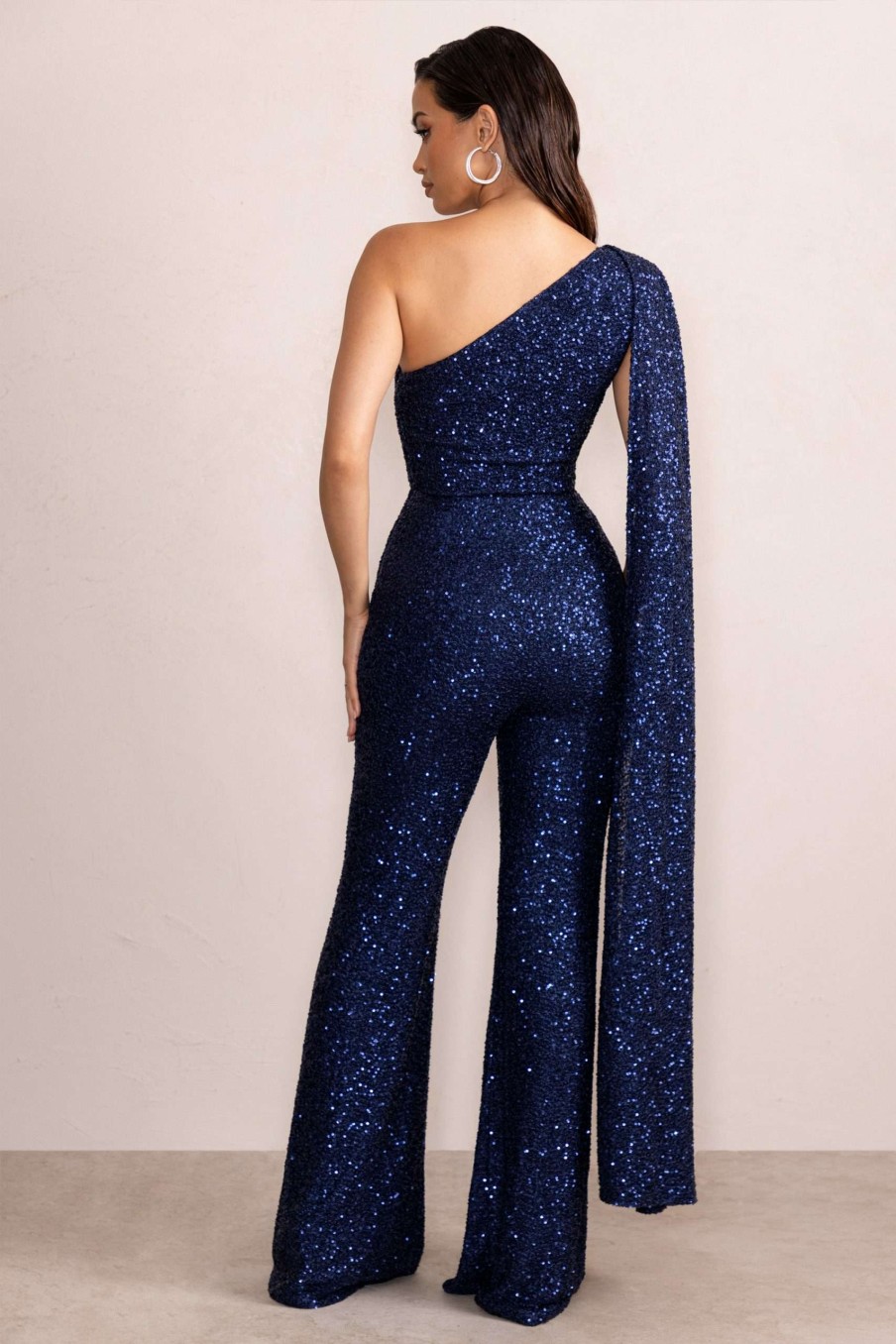 Clothing * | Colette | Navy Sequin One Shoulder Cape Sleeve Jumpsuit Club L London Exclusive Design