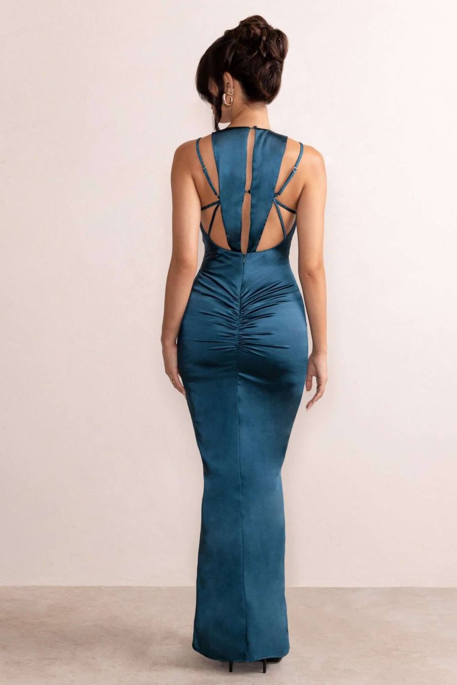 Dresses * | Emery | Teal Satin Plunge Neck Strappy Back Maxi Dress Club L London Cheaper