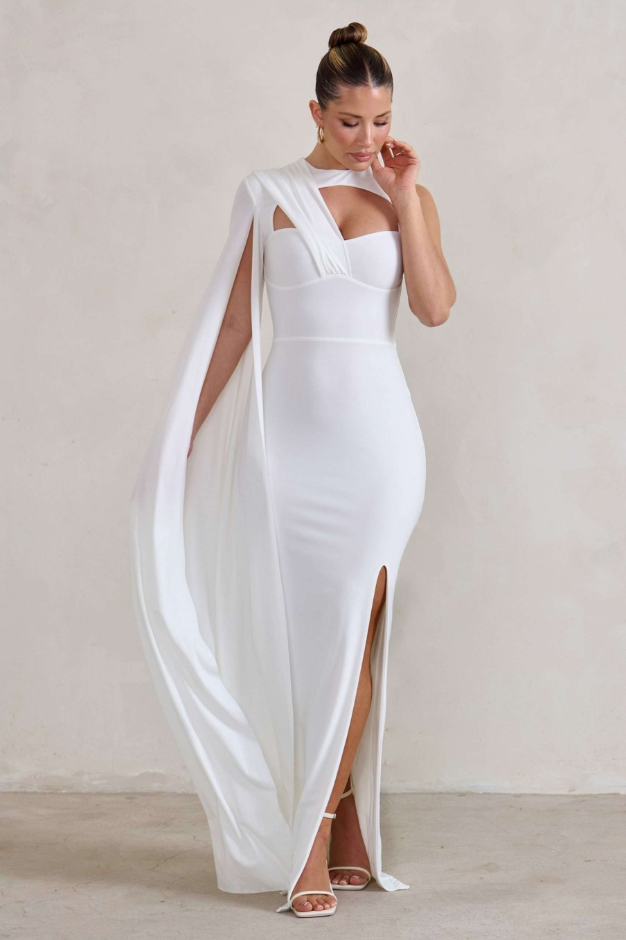 Dresses * | Emmey | White Asymmetric Cut Out Maxi Dress With Statement Cape Club L London Top Selling