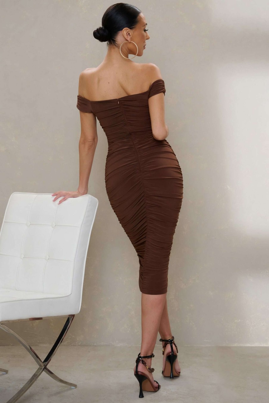 Dresses * | Hopeless Romantic | Brown Knot Front Bardot Midi Dress Club L London Best Quality