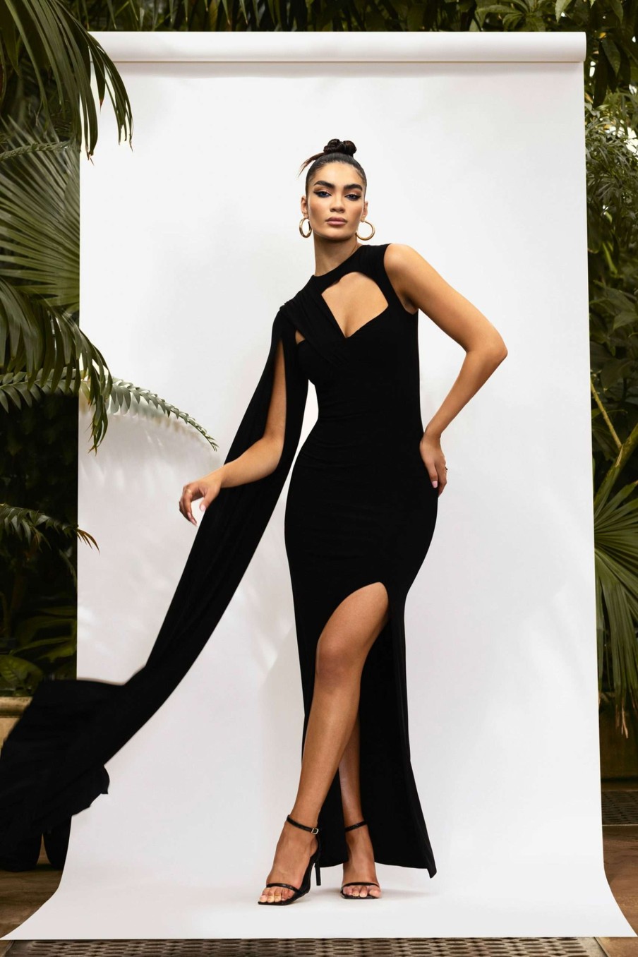 Dresses * | Emmey | Black Asymmetric Cut Out Maxi Dress With Statement Cape Club L London 100% Guarantee