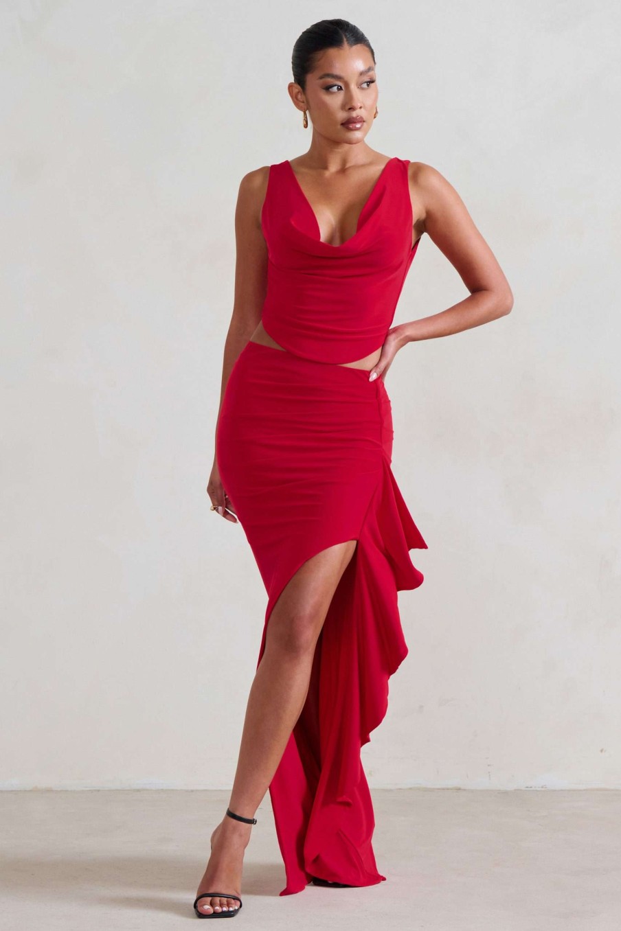 Clothing * | La Belle | Red Ruffle Maxi Skirt With Thigh Split Club L London Opening Sales