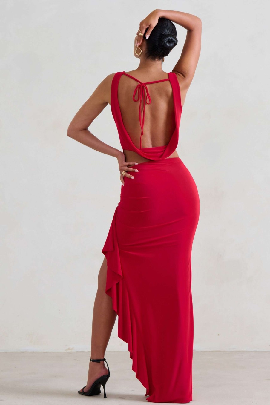 Clothing * | La Belle | Red Ruffle Maxi Skirt With Thigh Split Club L London Opening Sales