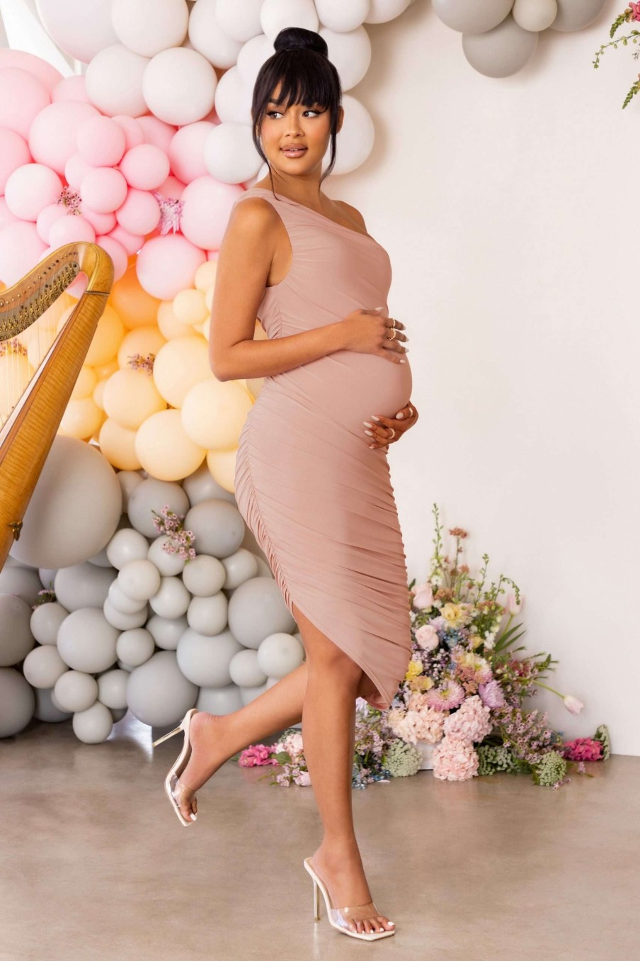 Maternity * | Redefined | Blush Maternity Ruched One Shoulder Midi Dress Club L London Tendy Style