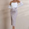 Clothing * | Freshen Up | Taupe High Waist Ruched Midi Skirt With Thigh Split Club L London Fashionable