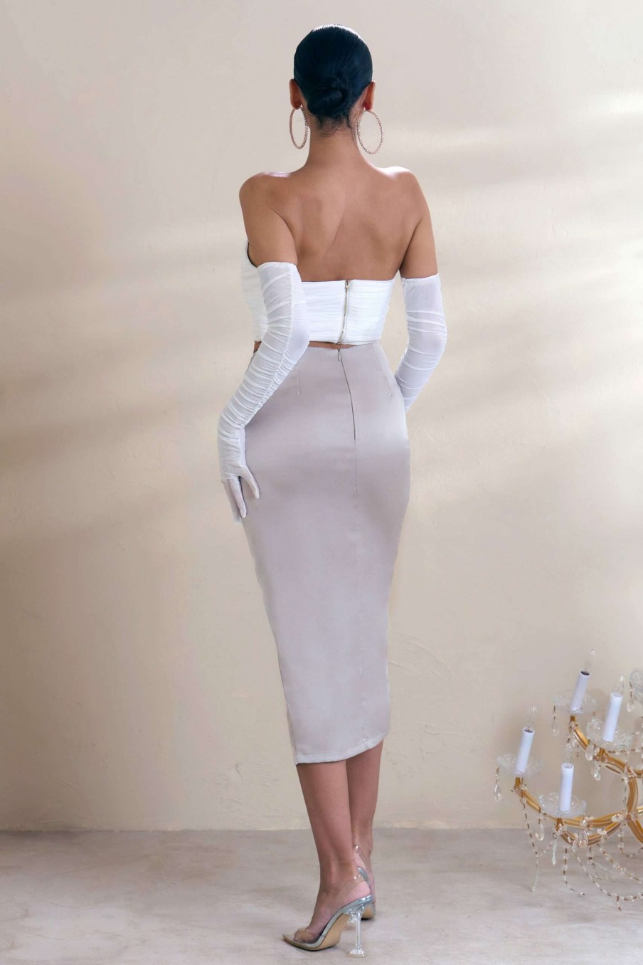 Clothing * | Freshen Up | Taupe High Waist Ruched Midi Skirt With Thigh Split Club L London Fashionable