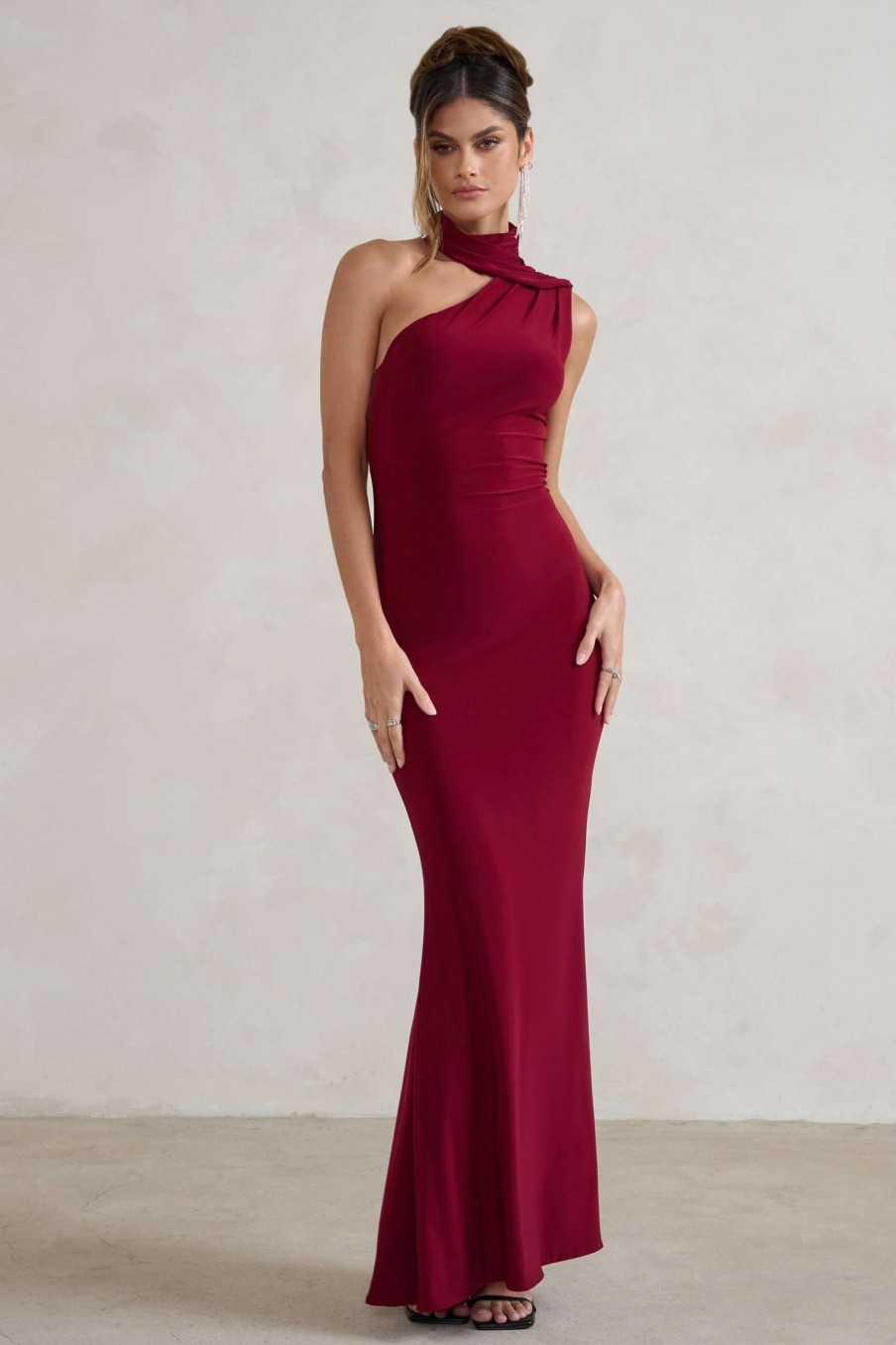 Dresses * | Capucine | Berry Red Asymmetric Draped Maxi Dress Club L London Tendy Style