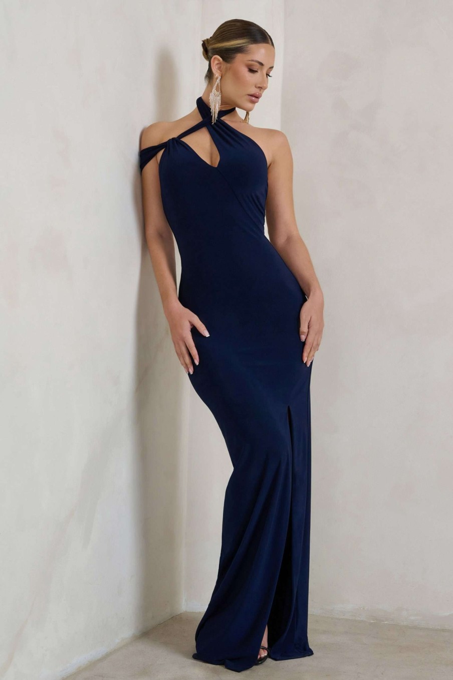 Dresses * | Clementine | Navy Asymmetric Neckline Maxi Dress With Thigh Split Club L London Typical Style