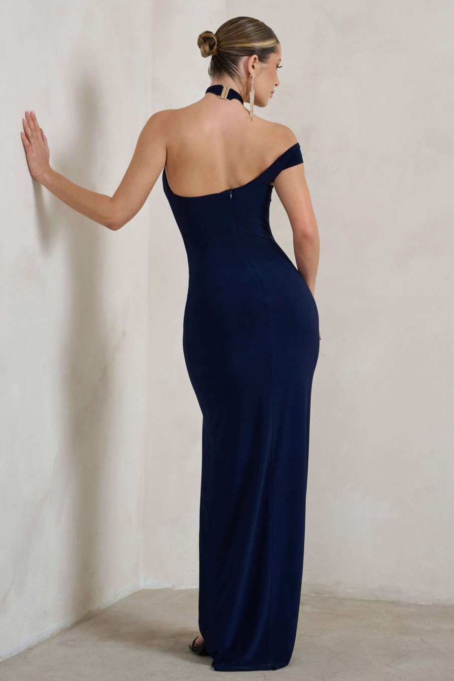 Dresses * | Clementine | Navy Asymmetric Neckline Maxi Dress With Thigh Split Club L London Typical Style