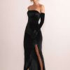 Dresses * | Belle Of The Ball | Black Velvet Bandeau Maxi Dress With Split Hem Club L London Best Quality