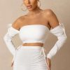 Clothing * | On Top | Off White Ruched Bardot Crop Top Club L London High Quality