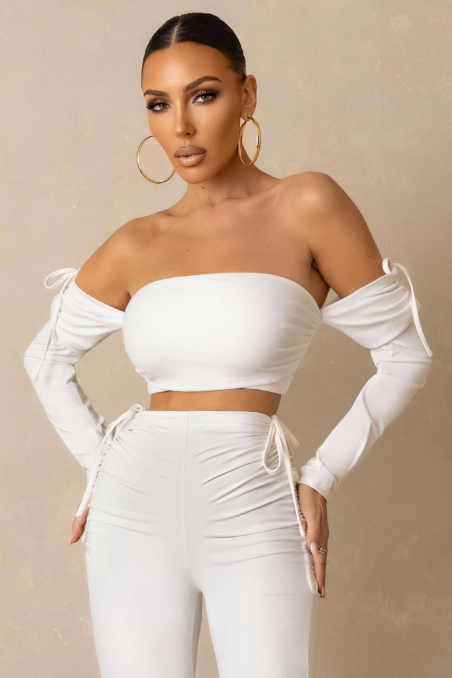 Clothing * | On Top | Off White Ruched Bardot Crop Top Club L London High Quality