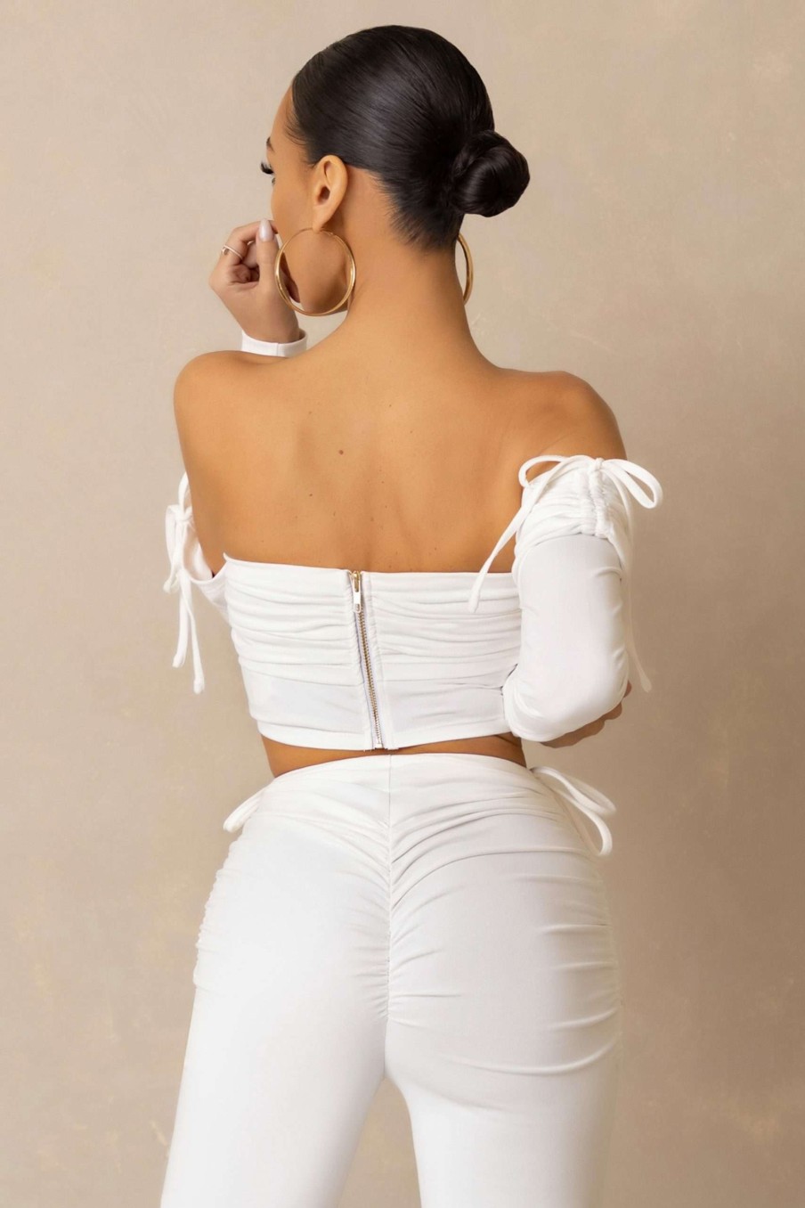 Clothing * | On Top | Off White Ruched Bardot Crop Top Club L London High Quality