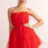 Dresses * | Aella | Red Bandeau Volume Pleated Tulle Mini Dress Club L London 100% Guarantee