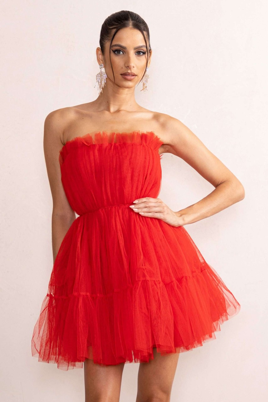 Dresses * | Aella | Red Bandeau Volume Pleated Tulle Mini Dress Club L London 100% Guarantee