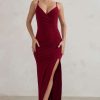 Dresses * | Jeanne | Berry Red Plunge Ruched Cami Maxi Dress With Split Club L London Original