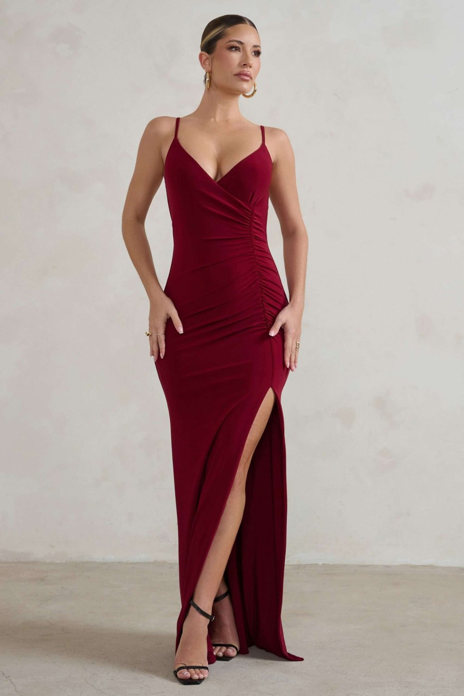 Dresses * | Jeanne | Berry Red Plunge Ruched Cami Maxi Dress With Split Club L London Original