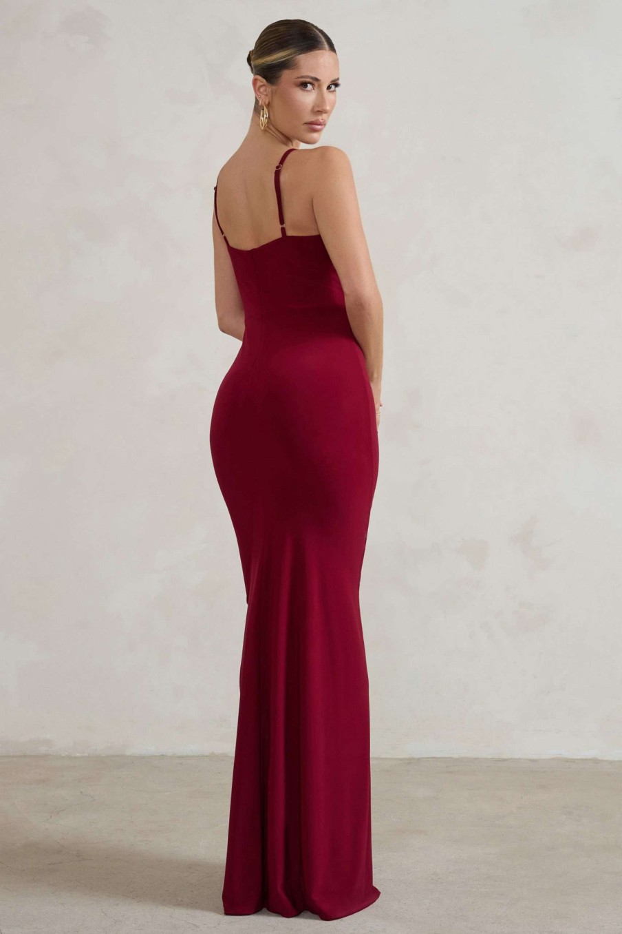 Dresses * | Jeanne | Berry Red Plunge Ruched Cami Maxi Dress With Split Club L London Original