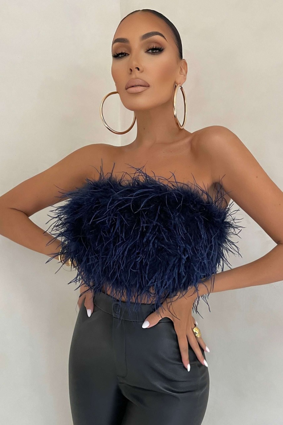 Clothing * | Dream Daze | Navy Feather Bandeau Crop Top Club L London Fashionable