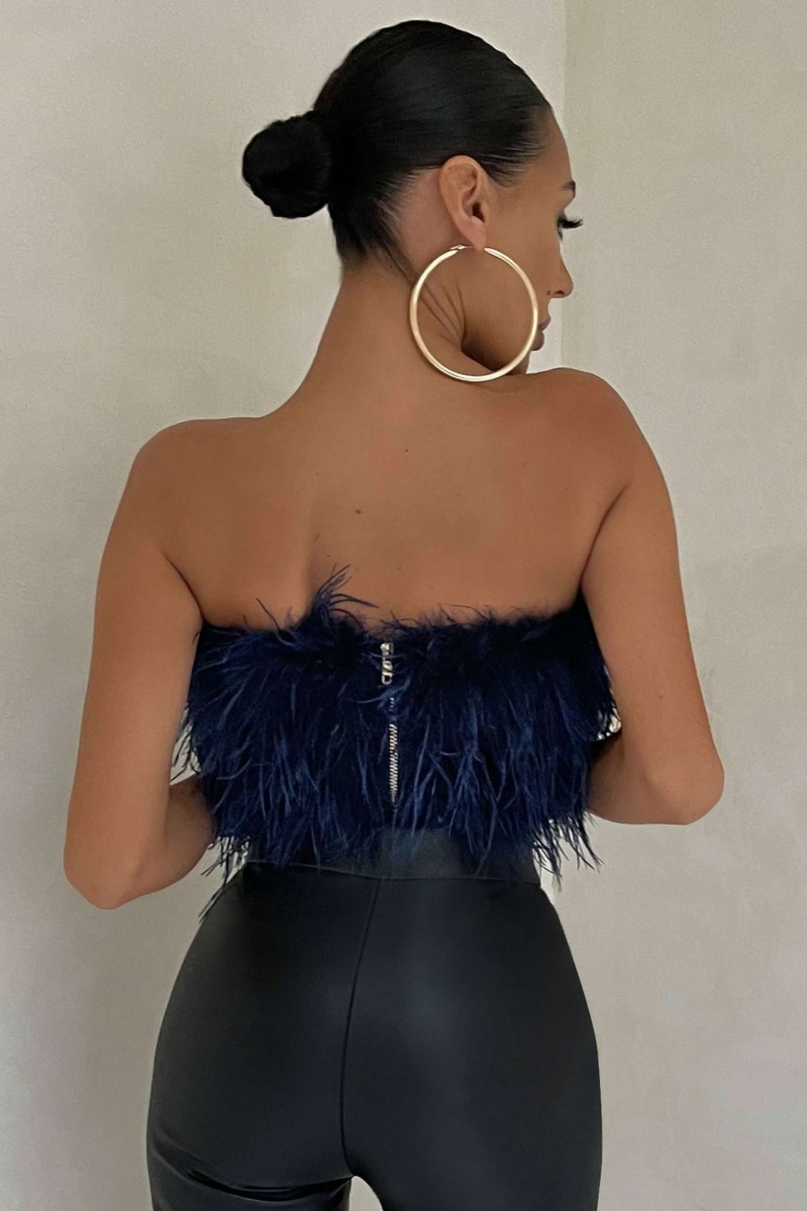 Clothing * | Dream Daze | Navy Feather Bandeau Crop Top Club L London Fashionable