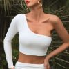 Clothing * | Step Up | White Asymmetric One Shoulder Long Sleeve Crop Top Club L London Best-Selling