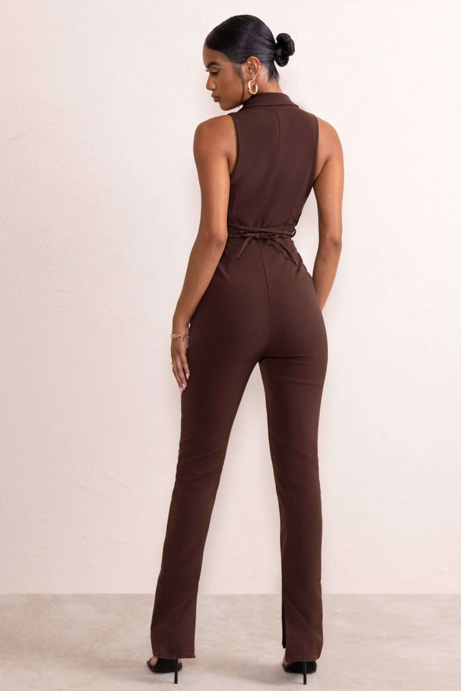 Clothing * | Myra | Chocolate Brown Plunge Neck Tailored Jumpsuit With Tie Detail Club L London Attractive