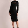 Dresses * | Peyton | Black Ruched Cut Out Bodycon Midi Dress With Long Sleeves Club L London Discounts