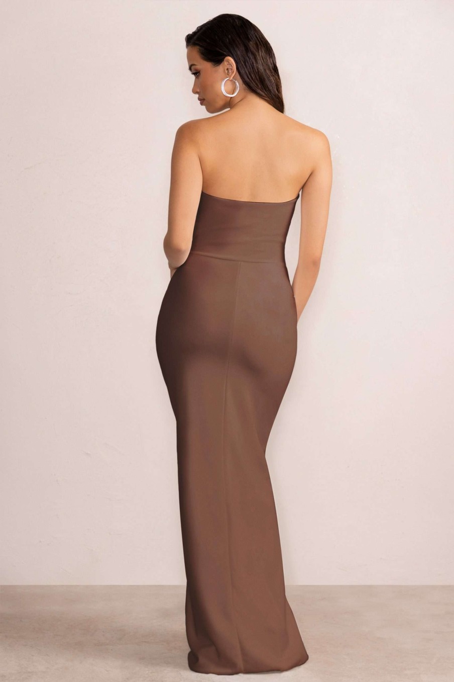 Dresses * | Belle Of The Ball | Brown Bandeau Maxi Dress With Split Hem Club L London Clearance