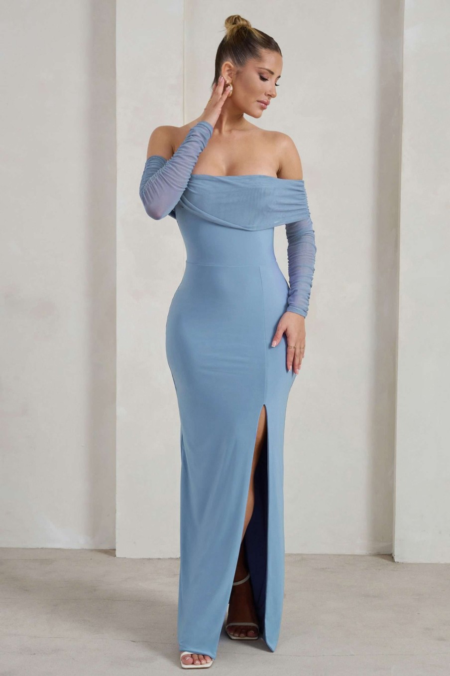 Dresses * | On Your Mind | Powder Blue Mesh Long Sleeve Maxi Dress Club L London Store