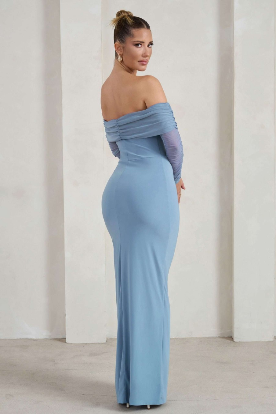 Dresses * | On Your Mind | Powder Blue Mesh Long Sleeve Maxi Dress Club L London Store