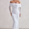 Dresses * | Madeleine | White Fishtail Maxi Dress With Bardot Mesh Long Sleeves Club L London Top Selling