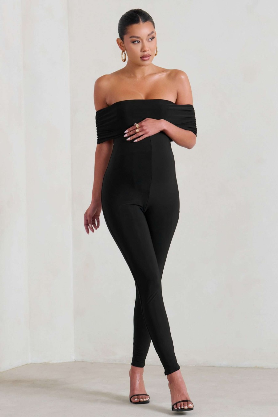 Maternity * | Carefully Crafted | Black Maternity Bardot Fitted Jumpsuit Club L London Exclusive