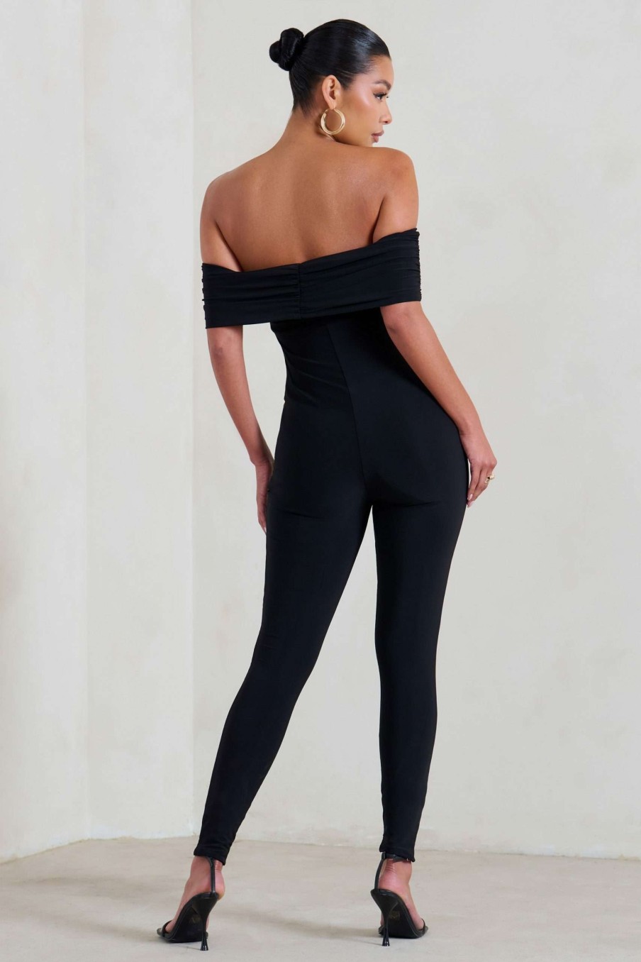 Maternity * | Carefully Crafted | Black Maternity Bardot Fitted Jumpsuit Club L London Exclusive