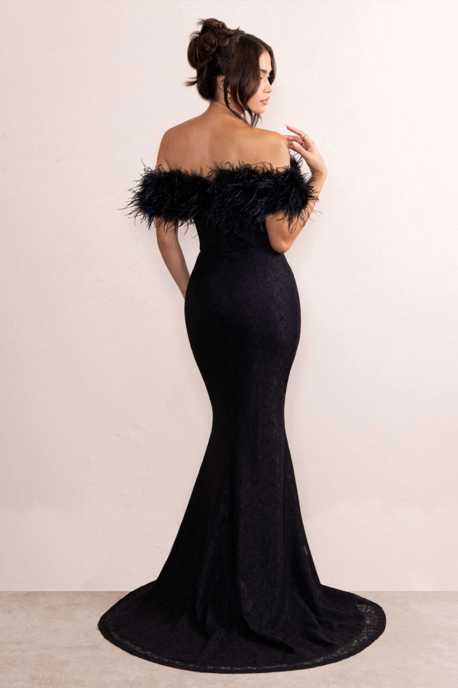 Dresses * | Idyll | Black Lace Bardot Feather Fishtail Maxi Dress Club L London Promotions