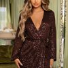 Dresses * | In Awe | Petite Brown Sequin Wrap Long Sleeve Belted Mini Dress Club L London Clearance