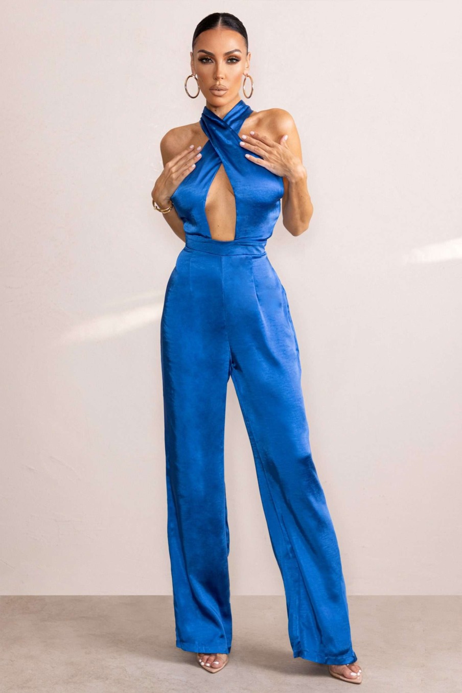 Clothing * | Lost Treasure | Electric Blue Halter Neck Cut Out Wide Leg Jumpsuit Club L London Less Expensive