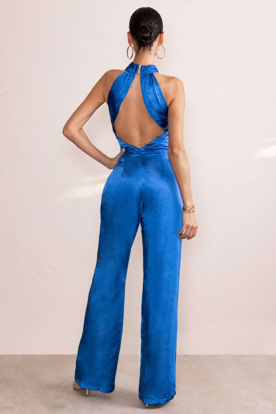 Clothing * | Lost Treasure | Electric Blue Halter Neck Cut Out Wide Leg Jumpsuit Club L London Less Expensive