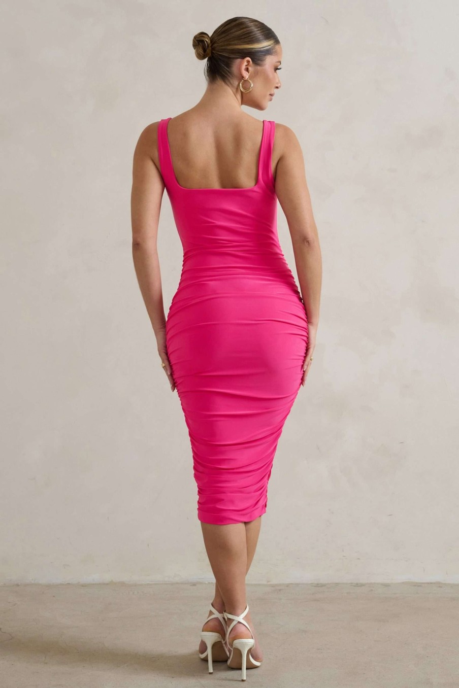 Clothing * | Lisbon | Hot Pink Square Neck Ruched Midi Dress Club L London Closeout Sale