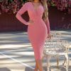 Dresses * | Elixir | Pink V Plunge Midi Dress With Long Sleeves Club L London Cheap Online