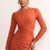 Dresses * | Everly | Rust High Neck Ruched Detail Long Sleeve Mini Dress Club L London High Quality