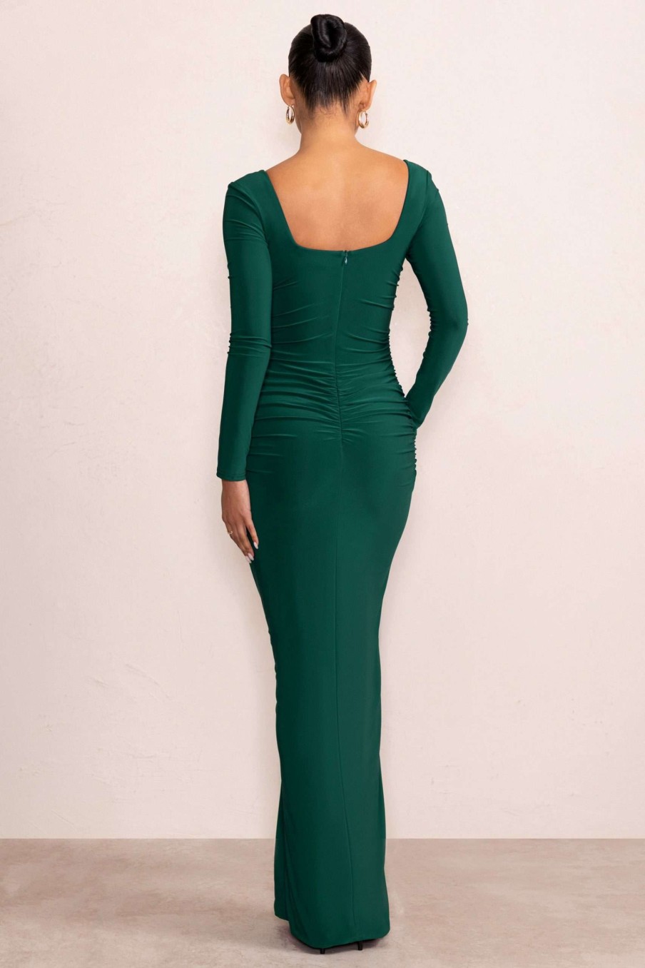 Maternity * | My Pleasure | Bottle Green Long Sleeve Square Neck Maternity Maxi Dress With Split Club L London Flash Sale